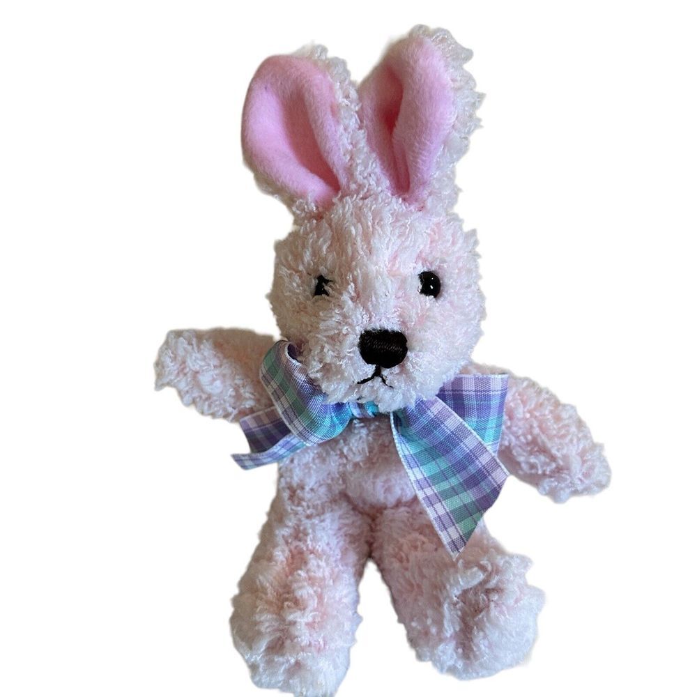 Vintage Rich Plush Pink Easter Bunny Stuffed Animal 8‎ Inch Plaid Bowtie Long